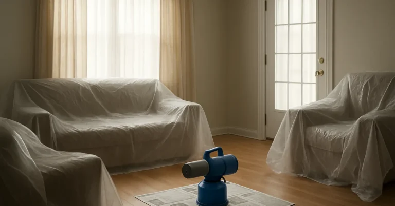 living room prepared for pest fogging with furniture covered in plastic sheeting and fogger canister on floor