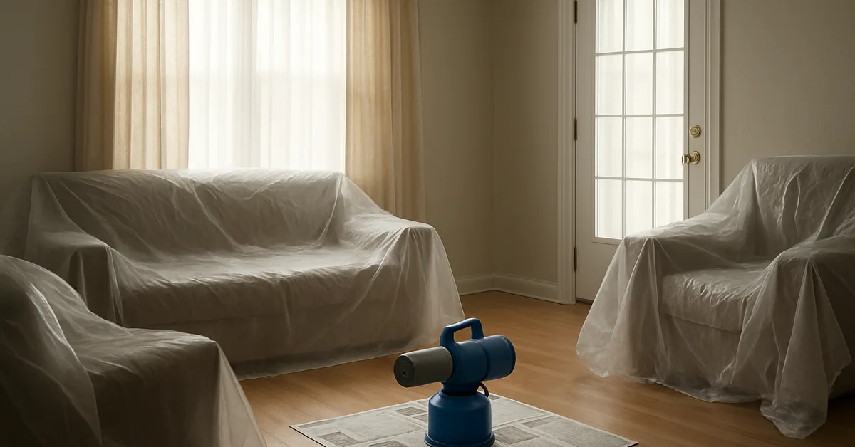 living room prepared for pest fogging with furniture covered in plastic sheeting and fogger canister on floor