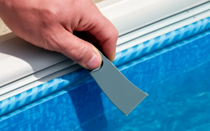 hand using a flat tool to push a vinyl pool liner bead back into the coping track