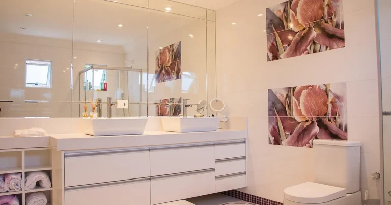 Large bathroom wall mirror above a vanity, the type of household mirror prone to backing scratches