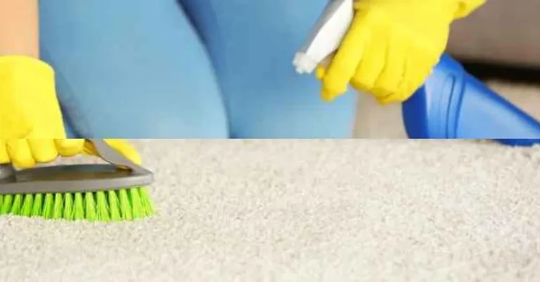 Gloved hands scrubbing carpet with a brush after fixing a Bissell cleaner not spraying