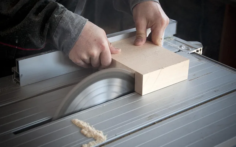 table saw cutting a board to size for a flooring or decking project