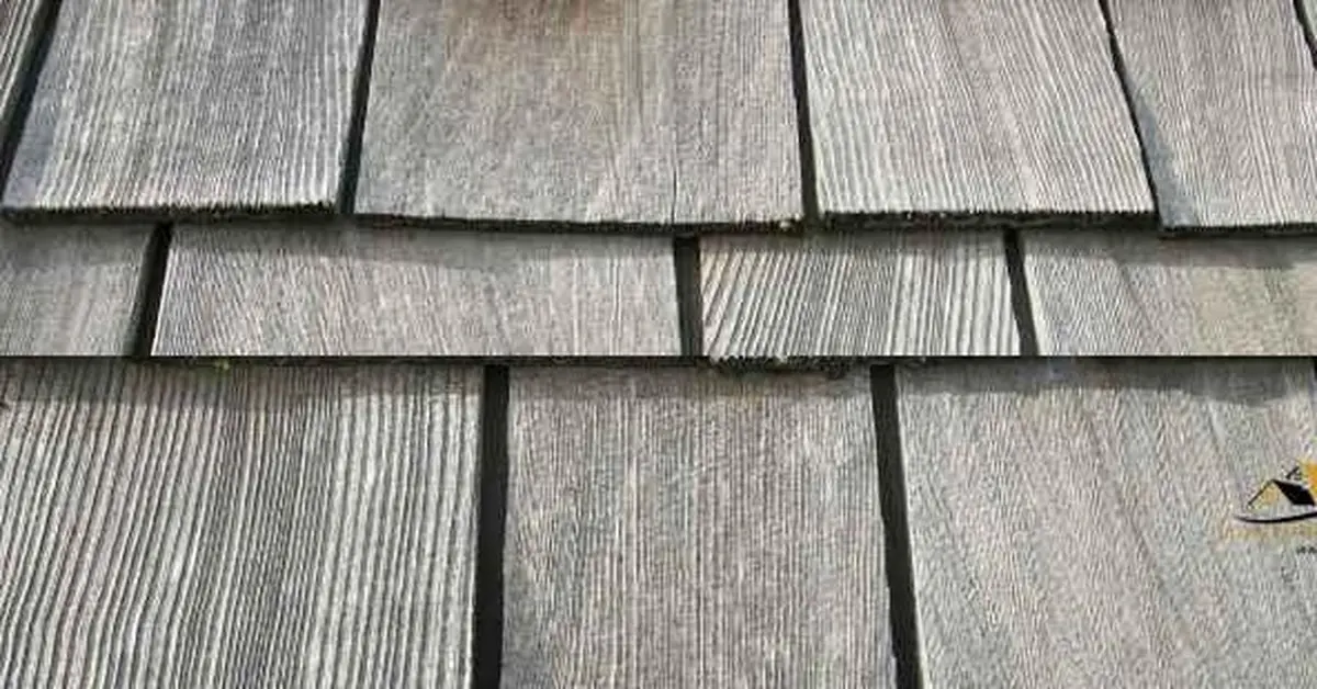 Weathered cedar wood shingles showing natural wood grain texture