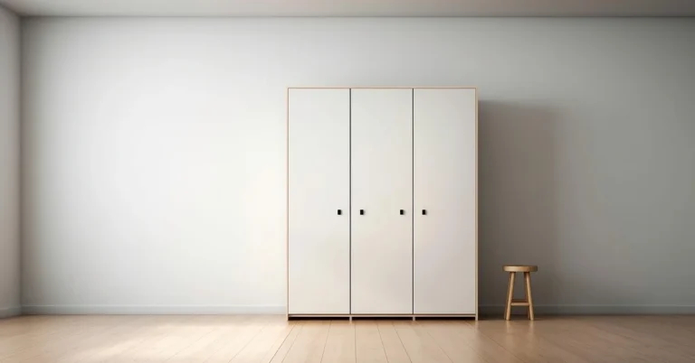White wood wardrobe closet with three doors in a bedroom