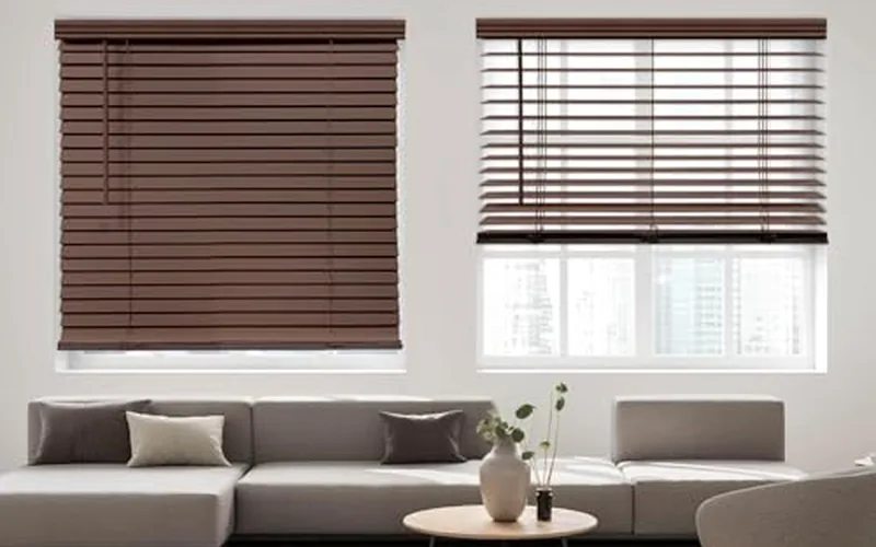 DEZ Furnishings cordless faux wood blind in bark brown wood grain finish DEZ Furnishings cordless faux wood blind in bark brown wood grain finish