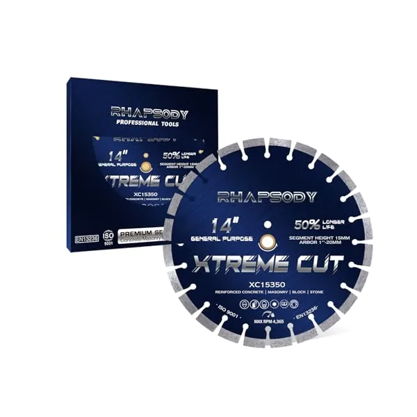 RHAPSODY Xtreme Cut 14-inch diamond concrete saw blade rated 4,365 max RPM with 15mm segment height