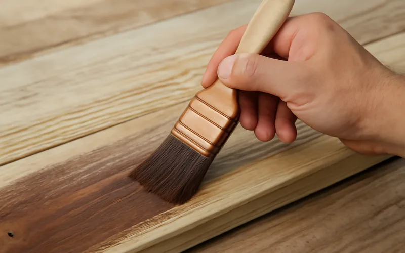 hand applying brown wood stain with a paintbrush onto a pressure-treated wood plank