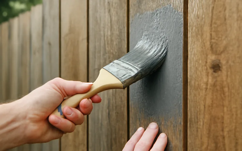 hand brushing gray paint onto a pressure-treated fence board outdoors