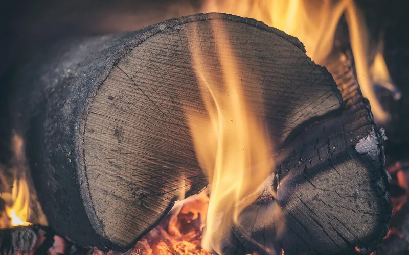 Close-up of a burning wood log with charred surface and glowing embers underneath