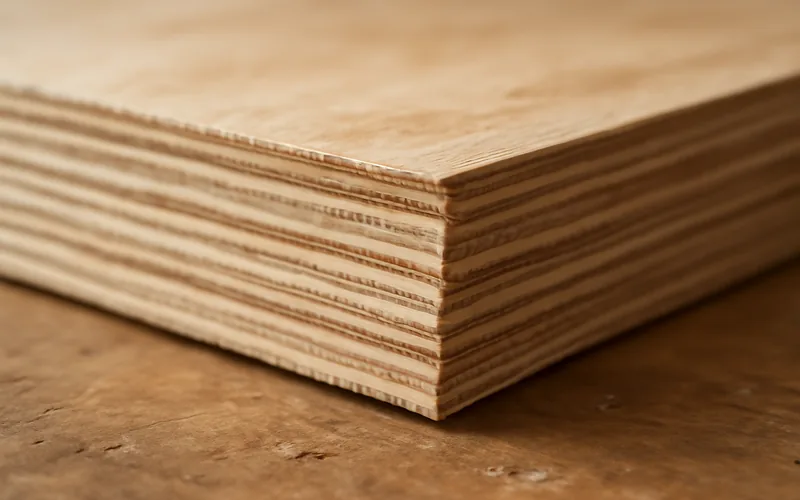 cut edge of a plywood sheet showing cross-laminated wood veneer layers