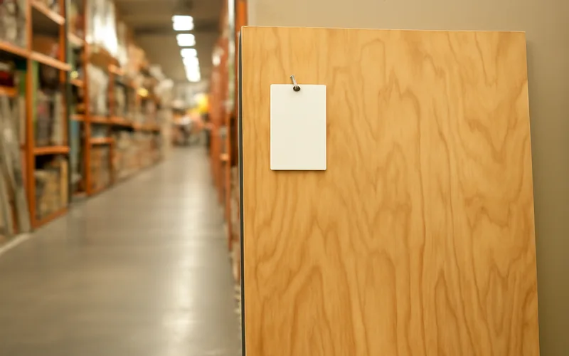 plywood sheet leaning in a home improvement store aisle with a price tag