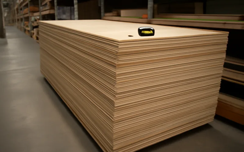large plywood sheets stacked on edge in a warehouse aisle