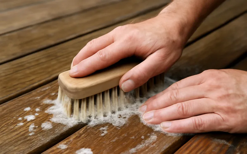 hands scrubbing a pressure-treated deck board with a soapy cleaning brush
