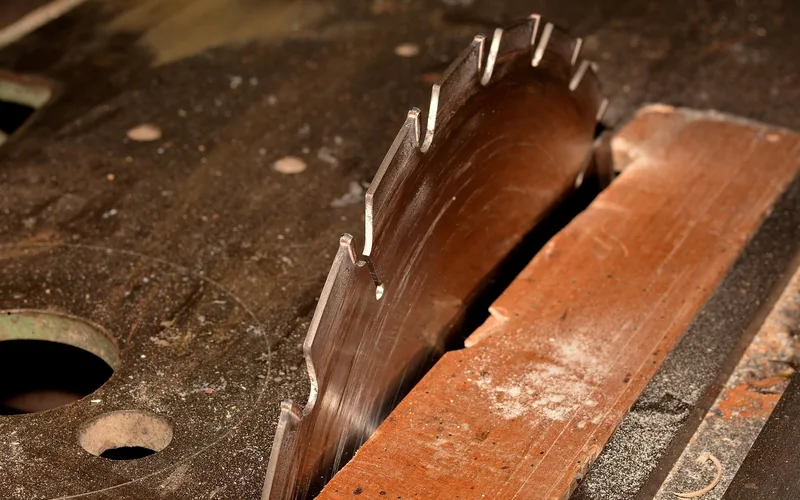 table saw blade cutting through a lumber board, producing sawdust