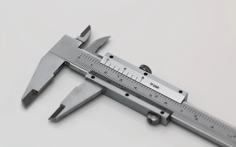 vernier caliper measuring the precise thickness of a wood panel