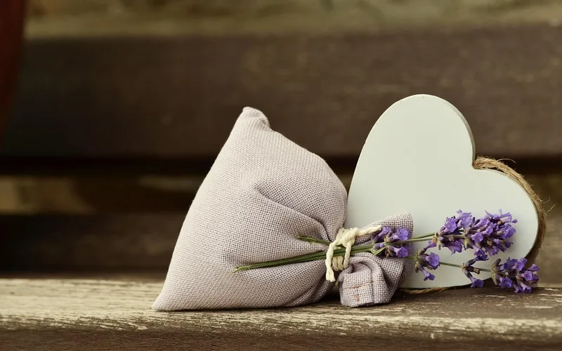 lavender-purple fabric sachet showing the lavender tone used in an aqua and lavender pairing