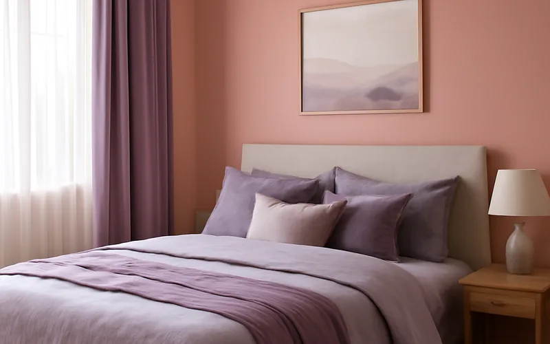 Bedroom with salmon pink walls and muted lavender accent decor Bedroom with salmon pink walls and muted lavender accent decor