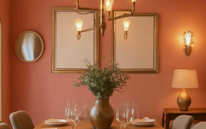 Dining room with salmon pink walls and gold and silver metallic accent decor Dining room with salmon pink walls and gold and silver metallic accent decor