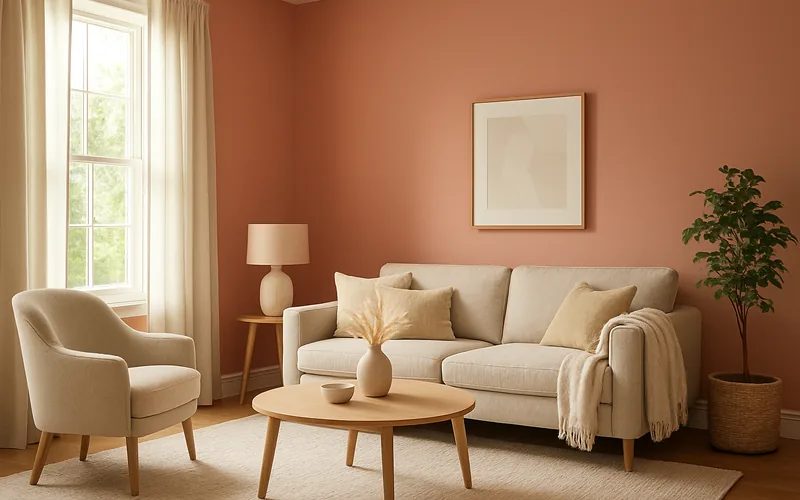 Living room with salmon pink walls paired with warm beige and cream furniture accents Living room with salmon pink walls paired with warm beige and cream furniture accents