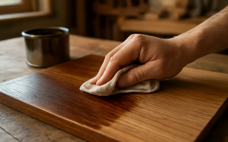 hand applying wood stain with a cloth to a furniture surface