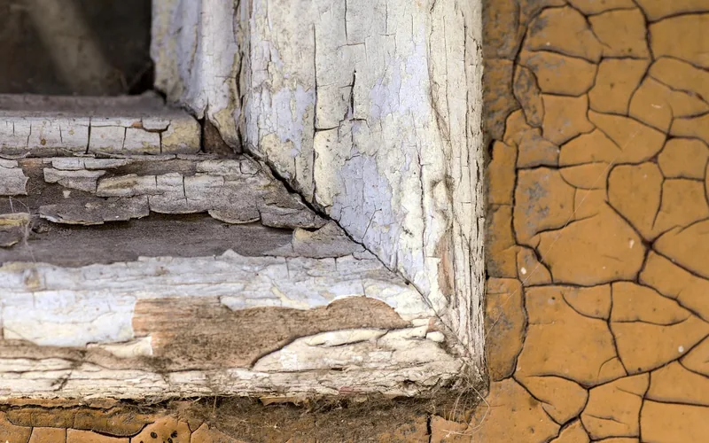 close-up of old cracked and peeling paint on a wood door frame