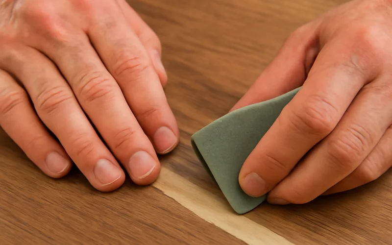 Sanding a wood filler repair smooth with sandpaper Sanding a wood filler repair smooth with sandpaper