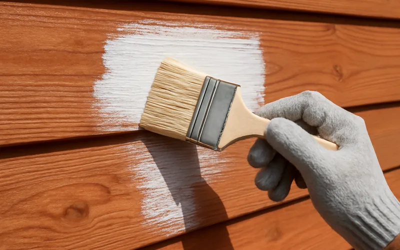Gloved hand using a paintbrush to apply white stain-blocking primer to reddish cedar wood siding Gloved hand using a paintbrush to apply white stain-blocking primer to reddish cedar wood siding