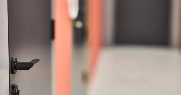 modern lever door handle installed on an interior door in a hallway