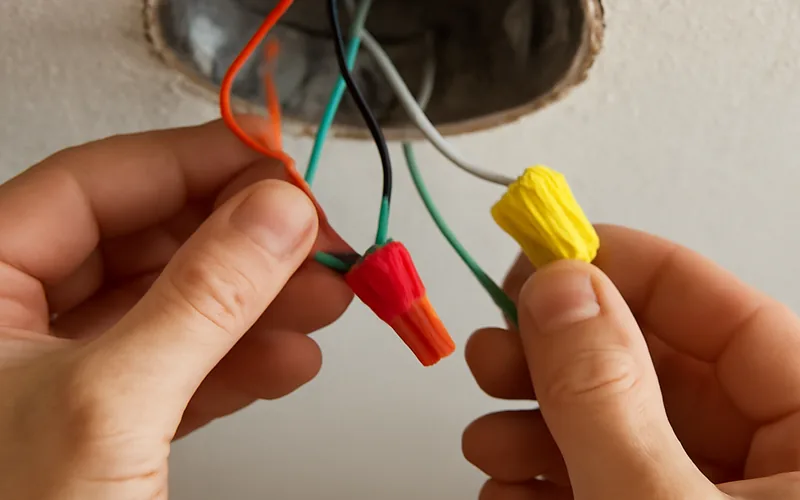 Hands connecting colored wires with wire nuts inside a ceiling junction box