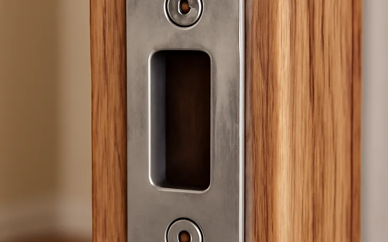 Metal strike plate mortised into a wooden door frame