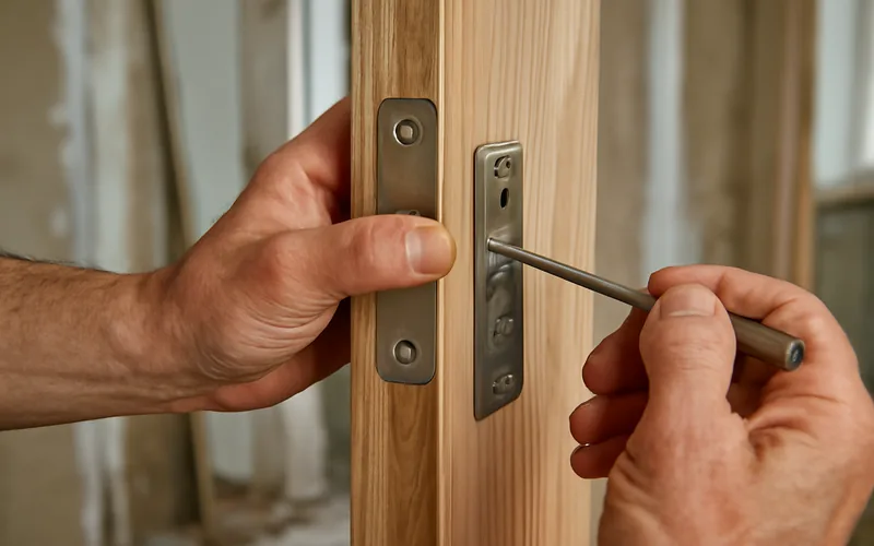 Hands aligning a strike plate on a door jamb before installing a new lock Hands aligning a strike plate on a door jamb before installing a new lock