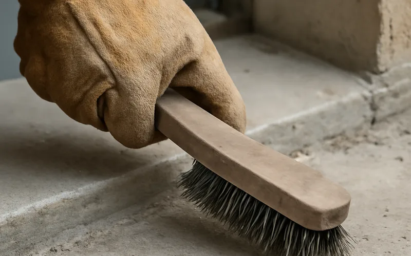 wire brush cleaning dust and debris off a concrete slab doorway before threshold installation wire brush cleaning dust and debris off a concrete slab doorway before threshold installation