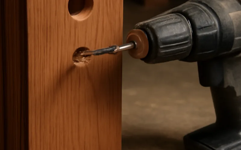 cordless drill boring a hole into the edge of a door for deadbolt installation