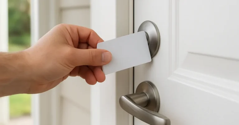 hand sliding a plastic card into the door gap beside a lever handle to trip a spring latch