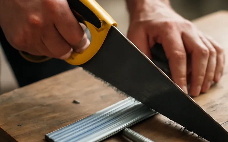 cutting a metal door threshold to length with a handsaw clamped to a workbench cutting a metal door threshold to length with a handsaw clamped to a workbench