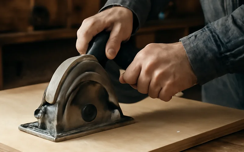 Hands guiding a circular saw cutting a wood panel for a bifold door