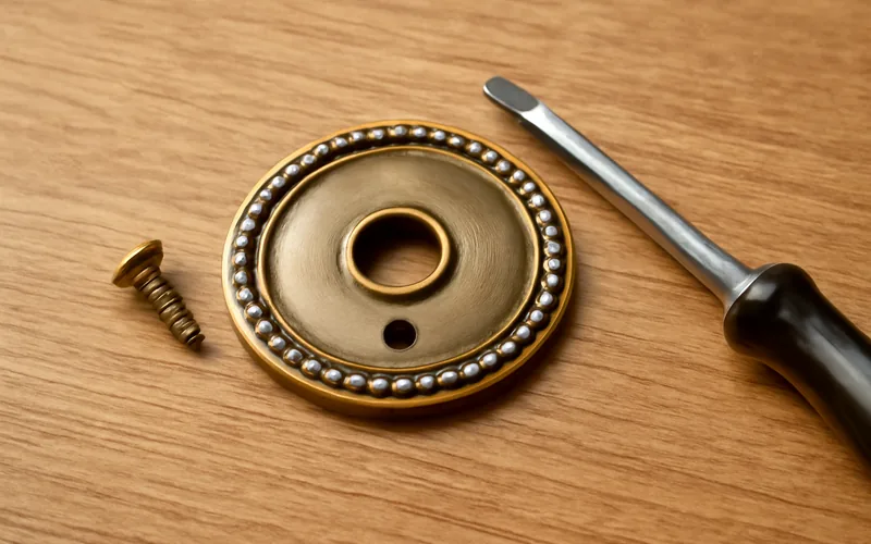 decorative escutcheon cover plate and screw used to access a hidden door handle set screw