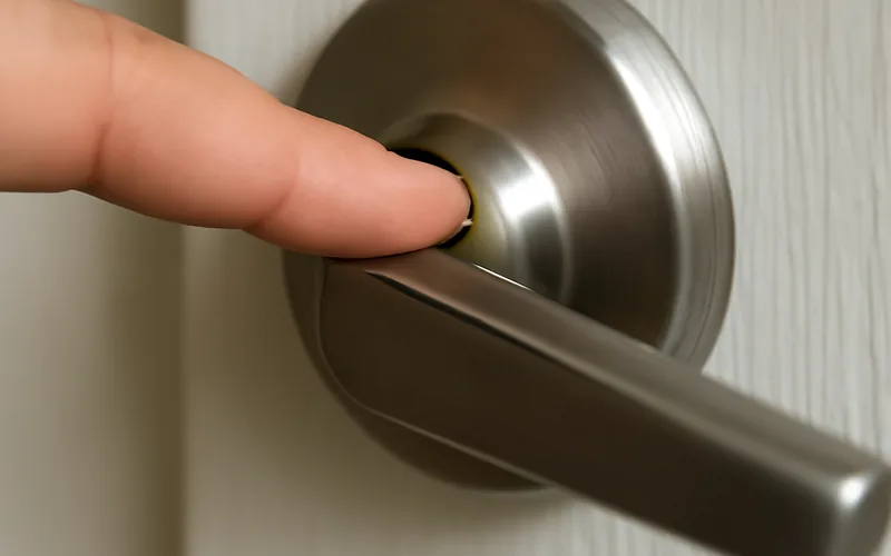 finger pressing the small pinhole release button on a lever door handle neck finger pressing the small pinhole release button on a lever door handle neck
