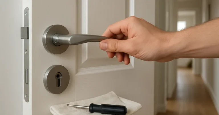 hand adjusting a lever style door handle with a screwdriver resting nearby on a cloth