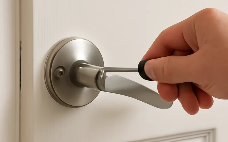 hex key wrench loosening the set screw at the base of a lever door handle hex key wrench loosening the set screw at the base of a lever door handle