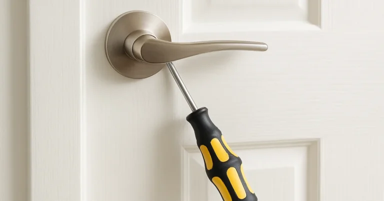 screwdriver resting against a modern lever-style door handle on a white interior door