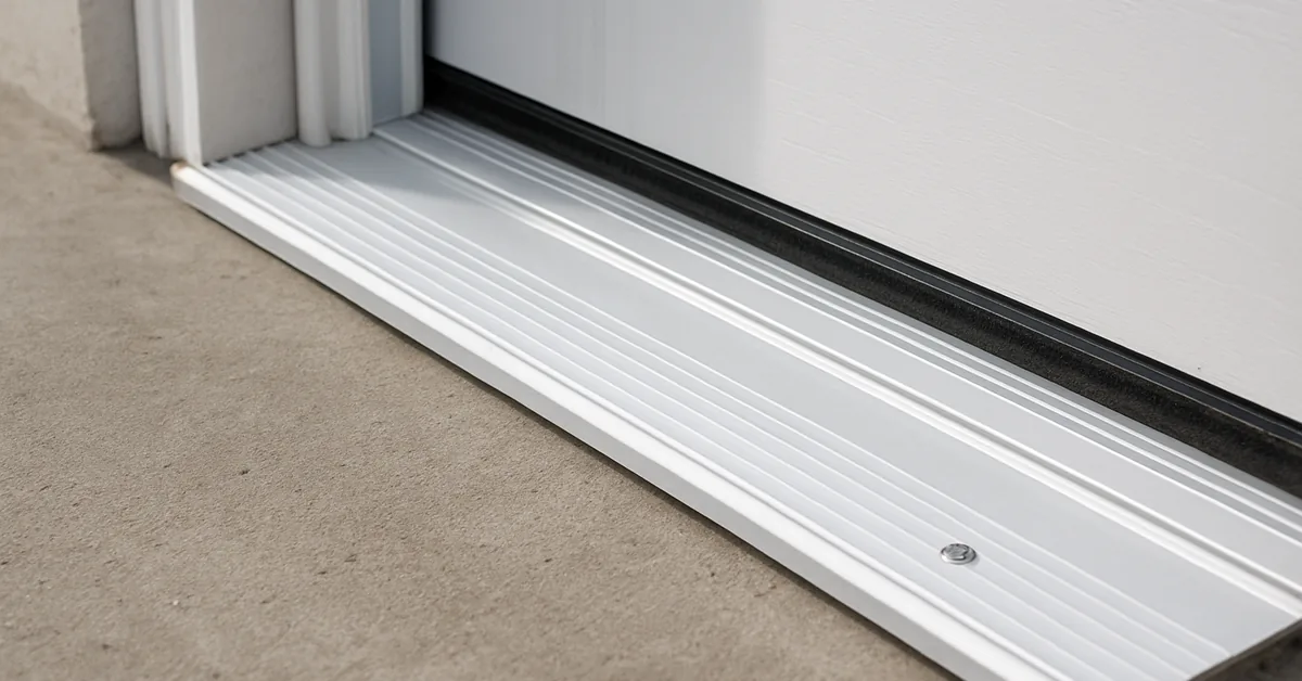 white aluminum door threshold installed at the base of an exterior door on a concrete slab