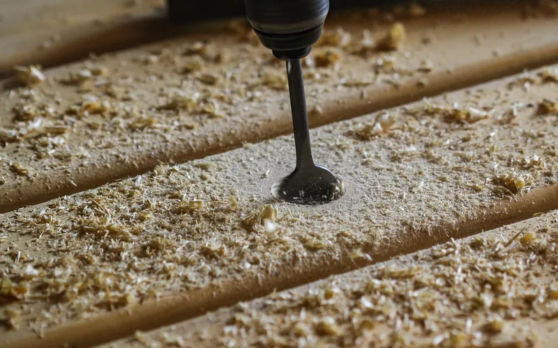 Drill boring a pilot hole into a wood plank with visible sawdust