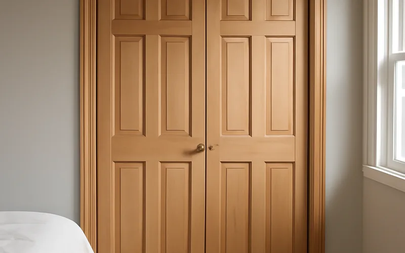 Finished wooden bifold closet doors installed in a bedroom