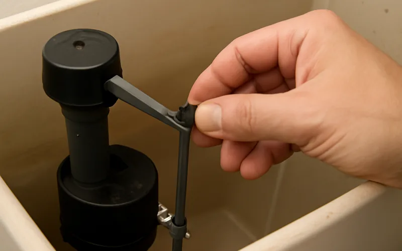 Turning the fill valve adjustment screw hand turning the adjustment screw on a toilet fill valve arm