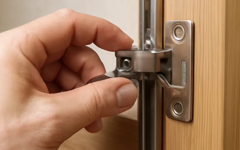 Installing a hinge and track hardware onto a wooden bifold door panel