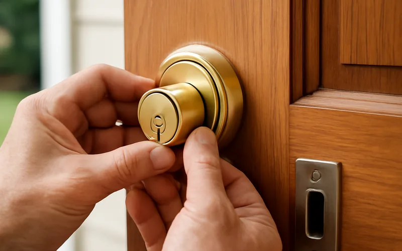 Hands installing a new brass deadbolt cylinder into an exterior wood door Hands installing a new brass deadbolt cylinder into an exterior wood door