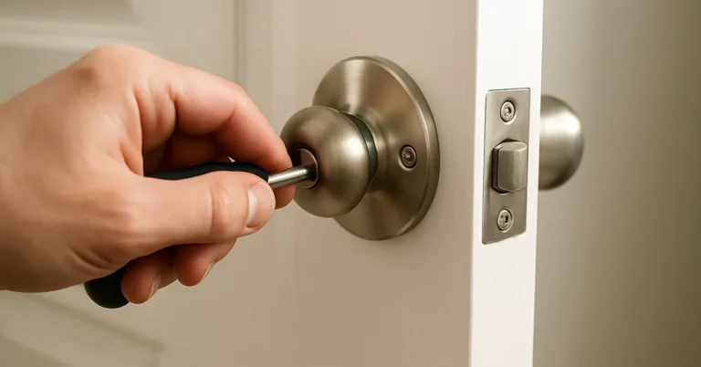 Installing a new brushed-nickel door knob with a screwdriver