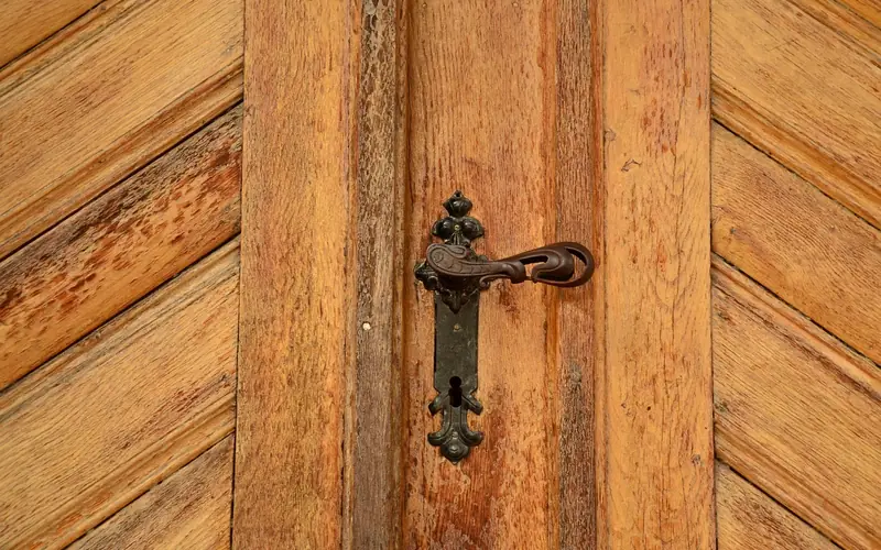 Metal handle against a natural wood grain surface