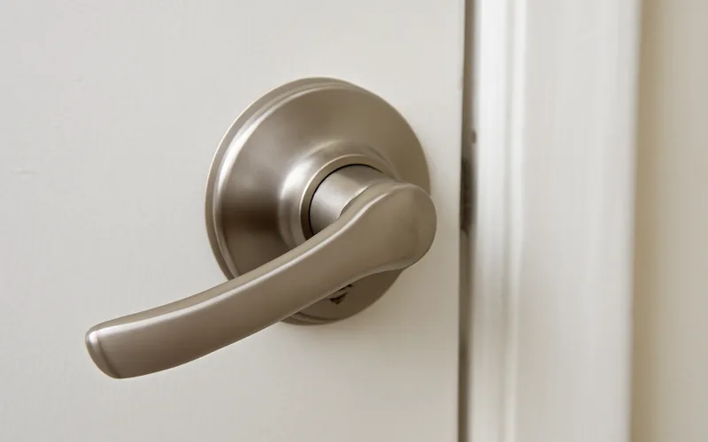 modern brushed-nickel lever-style door handle mounted on a white interior door